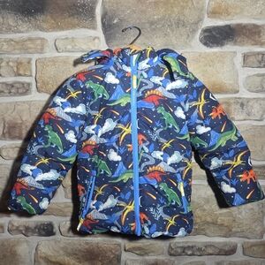 Mini Boden Boys Dinosaur Puffer Jacket Size 5-6Y Navy Blue Fleece Lined Hooded